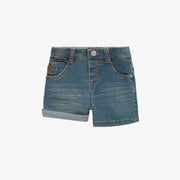 Short coupe régulière en denim extensible, bleu moyen, bébé || Relaxed fit short in stretch denim, baby