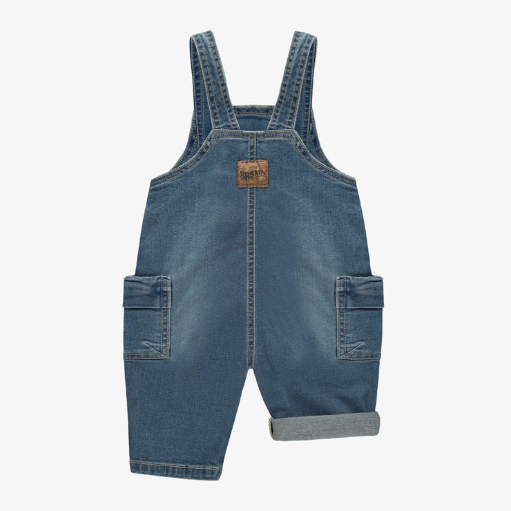 Salopette longue coupe décontractée en denim léger extensible, bleu moyen, bébé || Long overall relaxed fit in light medium denim, baby