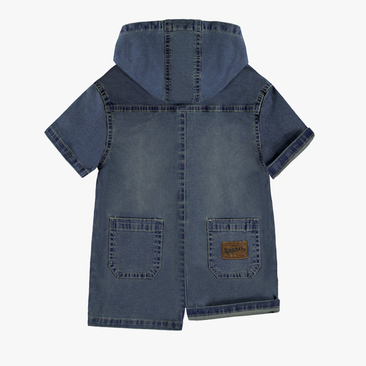 Une pièce à capuchon de coupe décontractée en denim léger et extensible, bleu pâle, bébé || One-piece hooded denim one-piece in light and stretch denim, baby