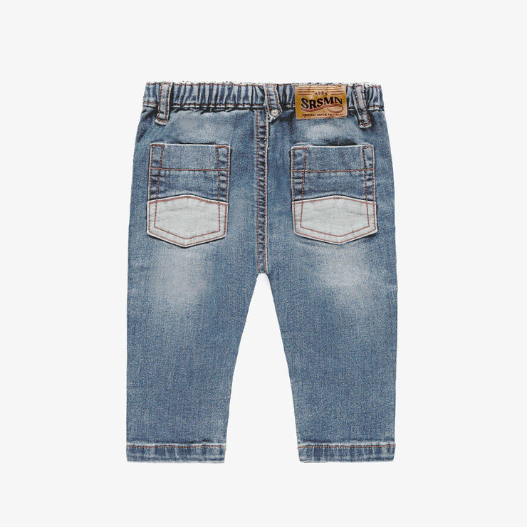 Pantalon coupe ajustée en denim léger extensible, bleu moyen, bébé || Slim fit pants in light and stretch denim, baby