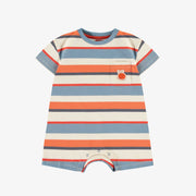 Une pièce manches courtes bleue, crème et orange à rayures en coton, bébé || Blue, cream and orange short sleeves one piece with stripes in cotton, baby