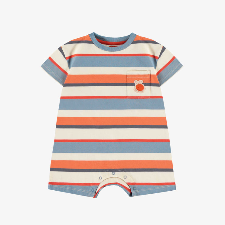 Une pièce manches courtes bleue, crème et orange à rayures en coton, bébé || Blue, cream and orange short sleeves one piece with stripes in cotton, baby