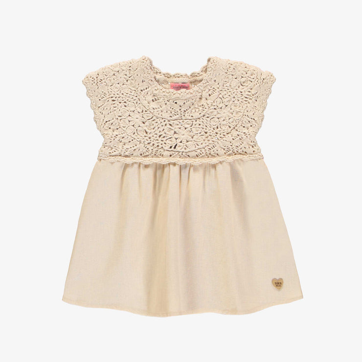 Robe de maille à manches courtes crème avec crochet, bébé || Cream short sleeves knitted dress with crochet, baby