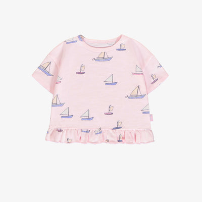 T shirt à manches courtes de coupe décontractée rose à motif de voiliers, bébé || Pink short sleeves relaxed fit t-shirt with sailboat print, baby