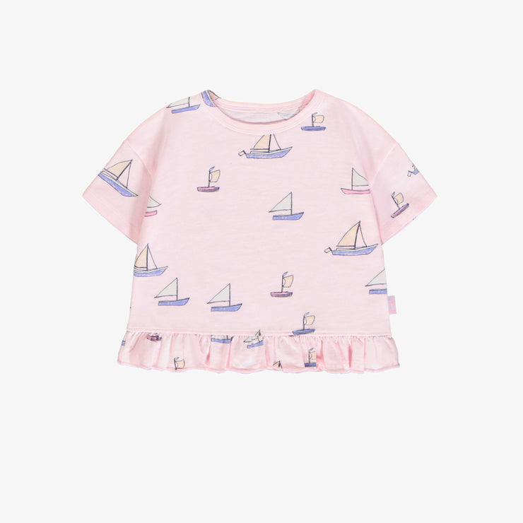 T shirt à manches courtes de coupe décontractée rose à motif de voiliers, bébé || Pink short sleeves relaxed fit t-shirt with sailboat print, baby