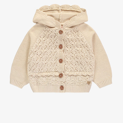 Veste de maille à manches longues crème à capuchon, bébé || Cream long sleeves knit vest with hood, baby