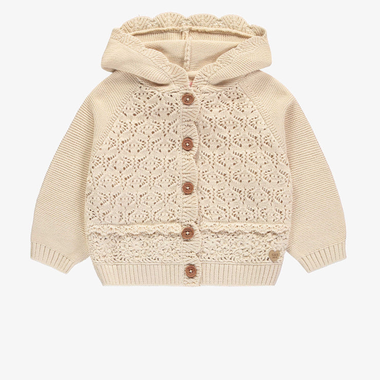 Veste de maille à manches longues crème à capuchon, bébé || Cream long sleeves knit vest with hood, baby