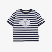 T-shirt à manches courtes blanc et marin rayé avec illustration, bébé || White and navy striped short sleeves t-shirt with print, baby