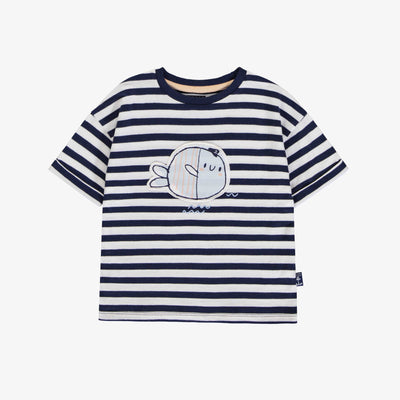 T-shirt à manches courtes blanc et marin rayé avec illustration, bébé || White and navy striped short sleeves t-shirt with print, baby