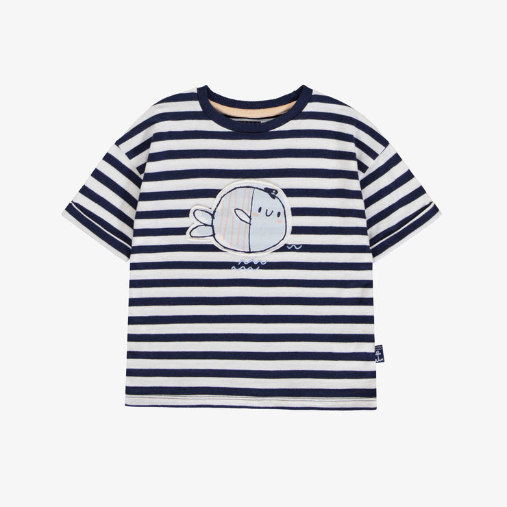 T-shirt à manches courtes blanc et marin rayé avec illustration, bébé || White and navy striped short sleeves t-shirt with print, baby