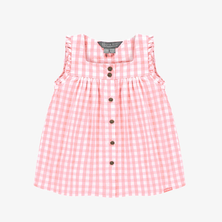 Robe à bretelles larges rose et blanche à carreaux en seersucker, bébé || Pink and white checkered dress with large straps in seersucker, baby