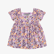 Robe évasée à manches courtes mauve fleurie en viscose, bébé || Purple flowery dress with short sleeves in viscose, baby
