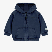 Chandail à capuchon et fermeture éclair marine en coton français, bébé || Navy hooded sweater with zipper in French terry, baby