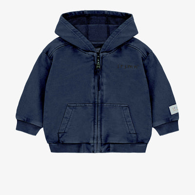 Chandail à capuchon et fermeture éclair marine en coton français, bébé || Navy hooded sweater with zipper in French terry, baby