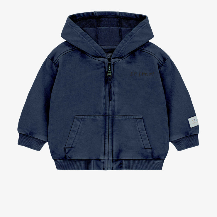 Chandail à capuchon et fermeture éclair marine en coton français, bébé || Navy hooded sweater with zipper in French terry, baby
