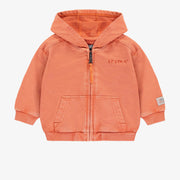 Chandail à capuchon et fermeture éclair orange en coton français, bébé || Orange hooded sweater with zipper in French terry, baby