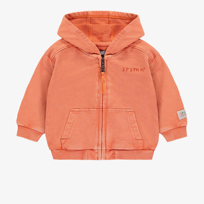 Chandail à capuchon et fermeture éclair orange en coton français, bébé || Orange hooded sweater with zipper in French terry, baby