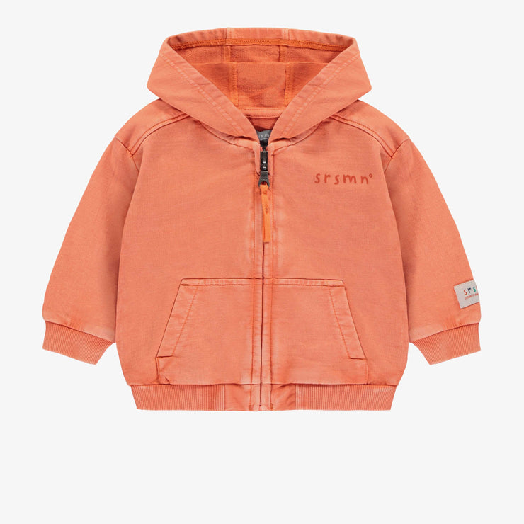 Chandail à capuchon et fermeture éclair orange en coton français, bébé || Orange hooded sweater with zipper in French terry, baby