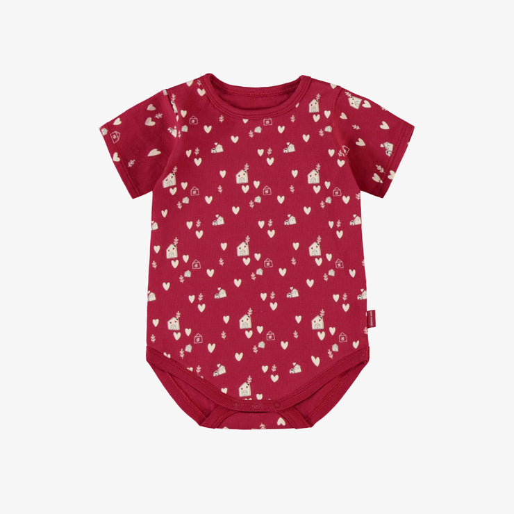 Cache-couche rouge à motif de petits cœurs crème en jersey, bébé || Red bodysuit with little cream hearts print in jersey, baby