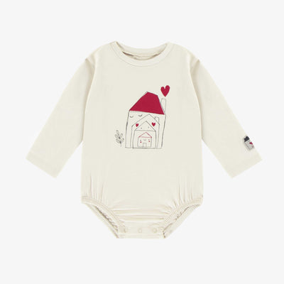 Cache-couche crème avec illustration d’une maisonnée remplie d’amour en jersey, bébé || Cream bodysuit with illustration of a loving household in jersey, baby