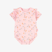 Cache-couche rose manches courtes et à motif de poules et de lapins, bébé || Pink bodysuit with ruffle and with bunnies and chickens print, baby
