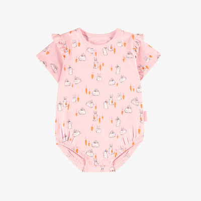 Cache-couche rose manches courtes et à motif de poules et de lapins, bébé || Pink bodysuit with ruffle and with bunnies and chickens print, baby