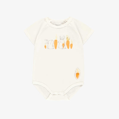 Cache-couche crème avec illustration de lapins en jersey extensible, naissance || Cream bodysuit with bunnies illustration in stretch jersey, newborn
