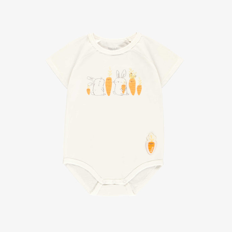 Cache-couche crème avec illustration de lapins en jersey extensible, naissance || Cream bodysuit with bunnies illustration in stretch jersey, newborn