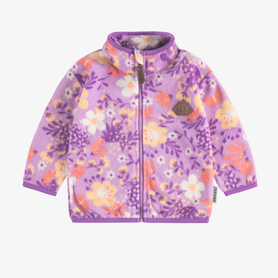 Veste de polar mauve fleurie avec col montant, bébé || Pink patterned fleece vest with high collar, baby