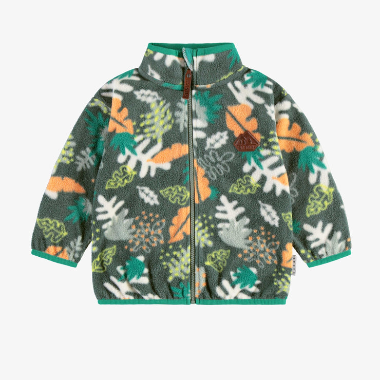 Veste de polar verte à motif représentant la nature avec col montant, bébé || Green fleece vest with nature pattern with high collar, baby