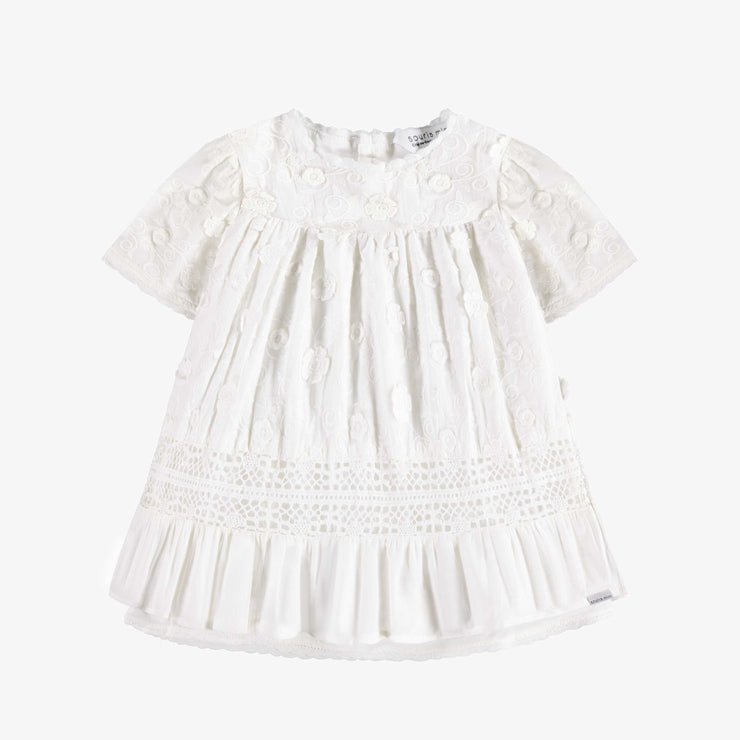 Robe évasée à manches courtes crème avec bloomer assorti en voile de coton brodé, bébé || Cream short sleeves flared dress with matching bloomer in embroidered cotton veil, baby
