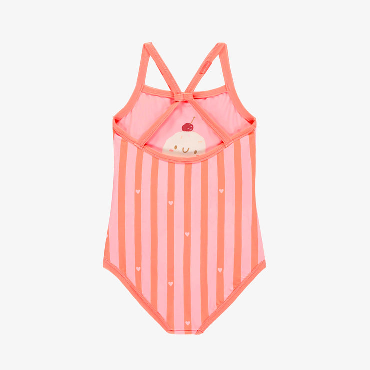 Maillot de bain une-pièce réversible rose et à rayures, enfant || Pink one piece swimsuit with ice cream cone print, child