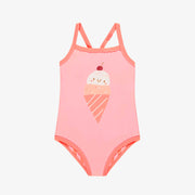 Maillot de bain une-pièce réversible rose et à rayures, enfant || Pink one piece swimsuit with ice cream cone print, child
