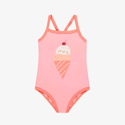Maillot de bain une-pièce réversible rose et à rayures, enfant || Pink one piece swimsuit with ice cream cone print, child