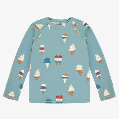 T-shirt de bain à manches longues bleu avec motif de friandises glacées, enfant || Blue long sleeves swim t-shirt with icy treat print, child