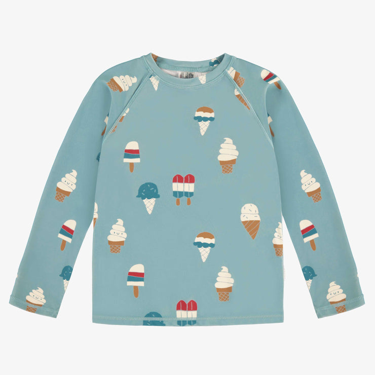 T-shirt de bain à manches longues bleu avec motif de friandises glacées, enfant || Blue long sleeves swim t-shirt with icy treat print, child