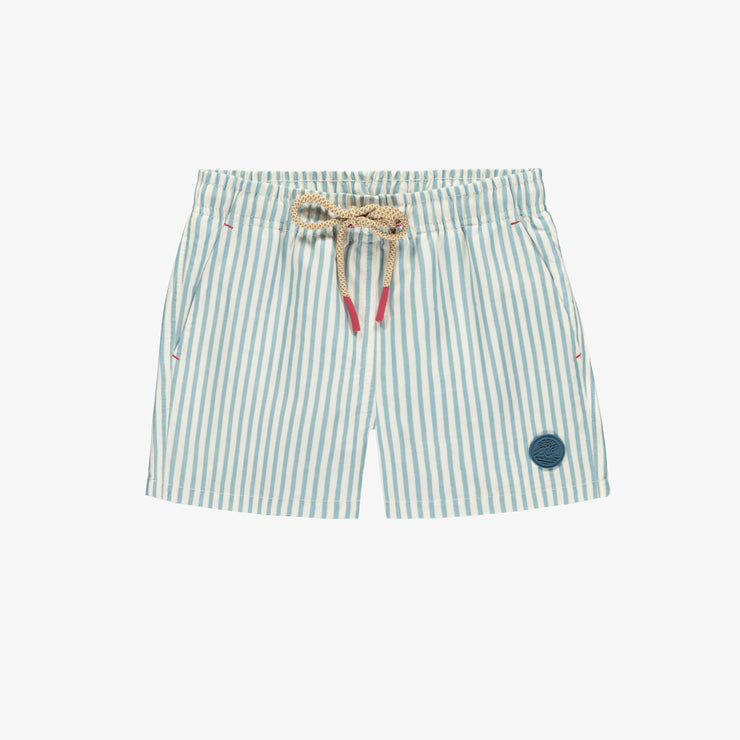 Short de bain bleu et crème à rayures, enfant || Blue and cream striped swimming short, child