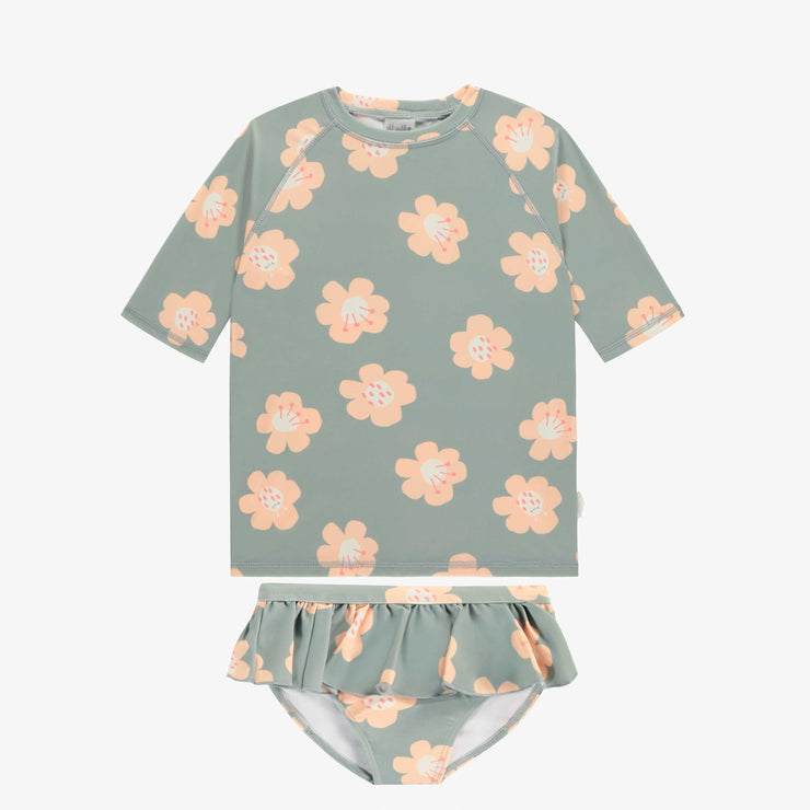 Maillot de bain deux pièces vert fleuri et pêche, enfant || Blue, green and pink two pieces swimsuit with flowery print, child