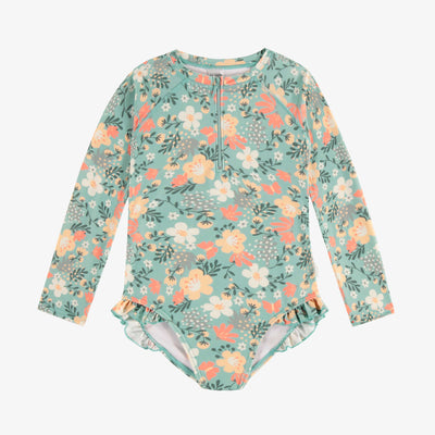 Maillot de bain une-pièce bleu, vert et rose fleuri, enfant || Blue, green and pink one piece swimsuit with flowery print, child