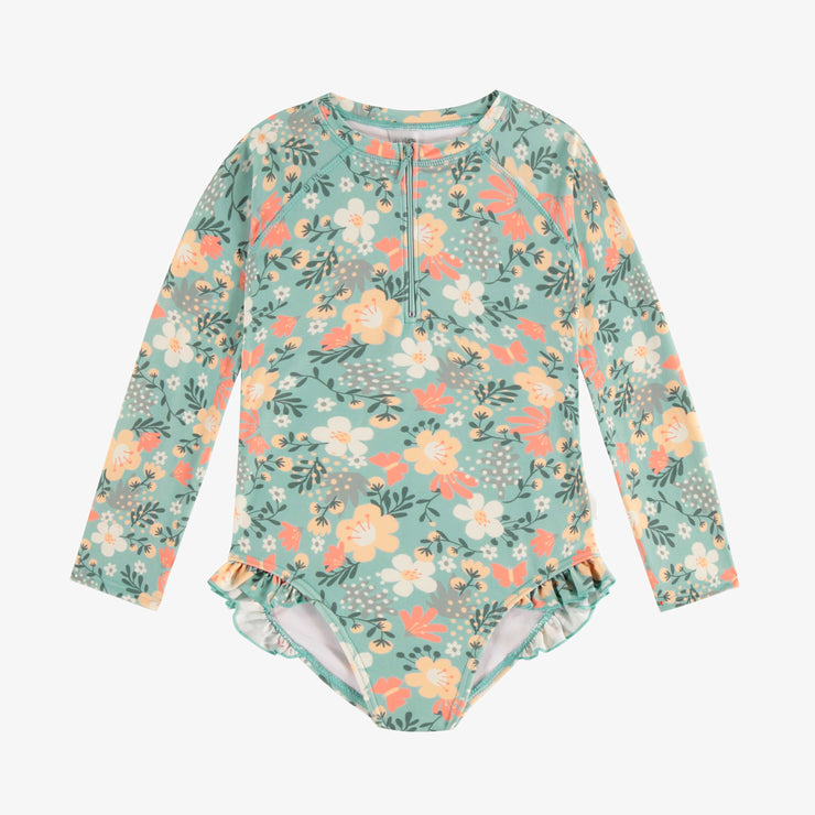 Maillot de bain une-pièce bleu, vert et rose fleuri, enfant || Blue, green and pink one piece swimsuit with flowery print, child