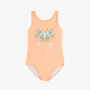 Maillot de bain une-pièce pêche avec une illustration de papillon, enfant || Peach one piece swimsuit with an illustration of butterfly, child