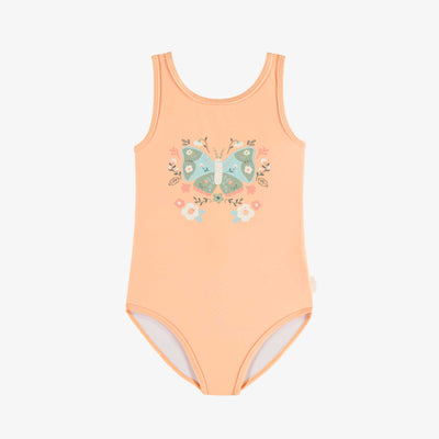 Maillot de bain une-pièce pêche avec une illustration de papillon, enfant || Peach one piece swimsuit with an illustration of butterfly, child