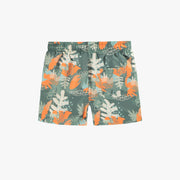 Short de bain vert à motif de feuilles tropicales, enfant || Green swimming short with tropical leaf pattern, child