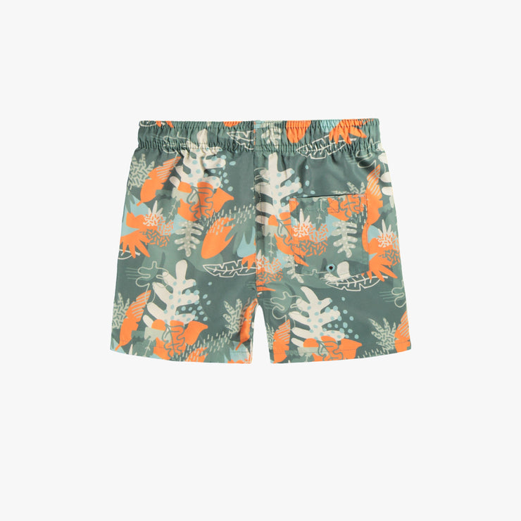 Short de bain vert à motif de feuilles tropicales, enfant || Green swimming short with tropical leaf pattern, child