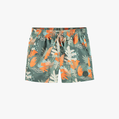 Short de bain vert à motif de feuilles tropicales, enfant || Green swimming short with tropical leaf pattern, child