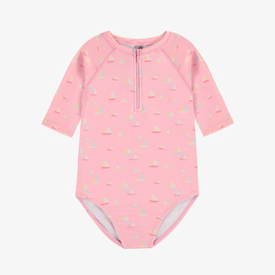 Maillot de bain une-pièce rose pâle à motif de voiliers, enfant || Light pink one piece swimsuit with sailboat print, child