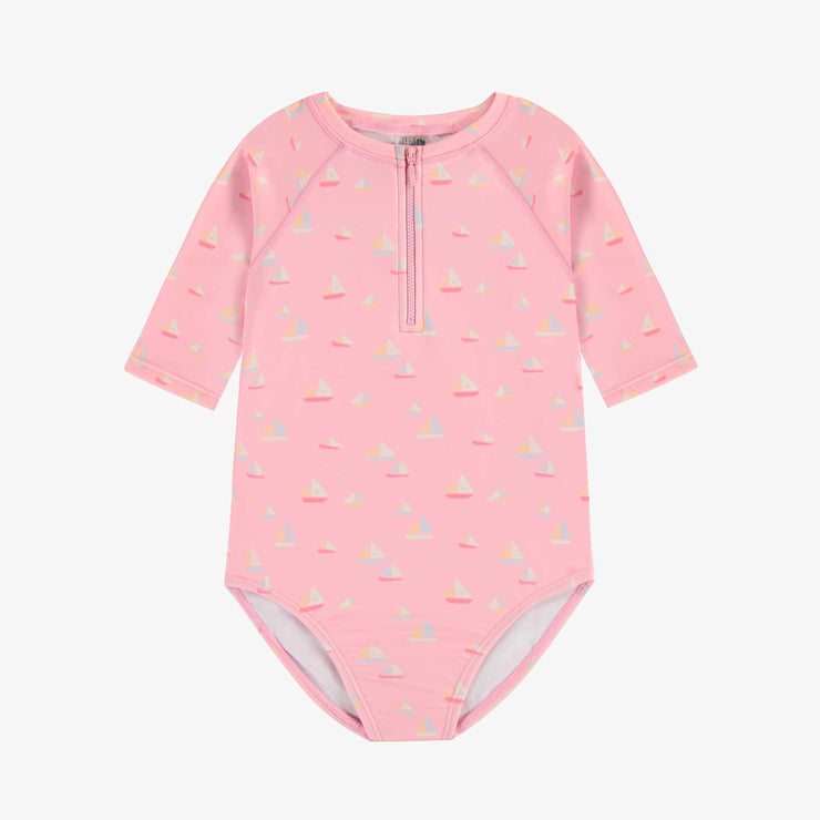 Maillot de bain une-pièce rose pâle à motif de voiliers, enfant || Light pink one piece swimsuit with sailboat print, child