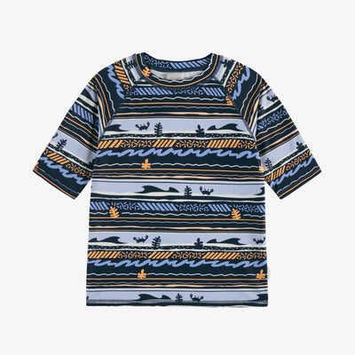 T-shirt de bain à manches courtes marine à rayures avec illustrations de vague, enfant || Navy short-sleeved striped swimming t-shirt with wave illustrations, child