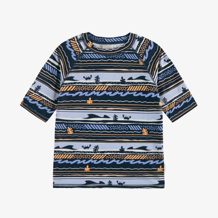 T-shirt de bain à manches courtes marine à rayures avec illustrations de vague, enfant || Navy short-sleeved striped swimming t-shirt with wave illustrations, child