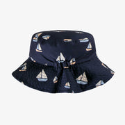 Chapeau de soleil marine réversible à motif de voiliers, enfant || Navy reversible bucket hat with sailboat print, child